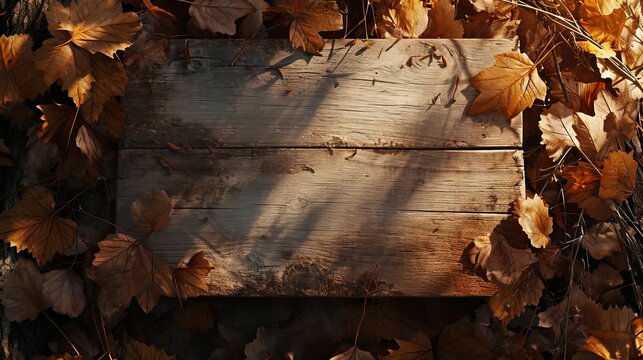 A rustic wooden plank lies among a bed of fallen autumn leaves, highlighted by the soft glow of sunlight filtering through.