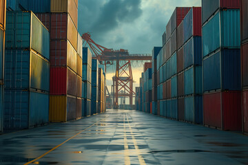 Fototapeta premium Containers stacked in rows at territory port terminal for logistical transportation of cargo AI Generative