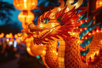 Fototapeta premium Taiwan Lantern Festival , Depict traditional lantern figures like dragons, phoenixes, and deities, emphasizing their cultural significance and symbolism.