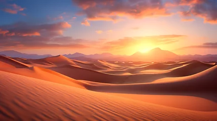 Papier Peint photo Orange A vast desert landscape with rolling dunes, the sun setting on the horizon, casting long shadows.