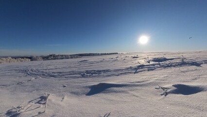 zauberhaft vereiste sonnige Winterlandschaft im Morgenlicht, Winterwunderland, Winterzauber, vereiste Bäume, Schnee, Kälte, Raureif, Natur, Idylle, Frost 