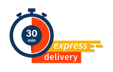 Express delivery fast shipping service vector illustration image with stopwatch in orange color. Fast delivery icon for apps and website. Delivery concept. Flat design. - obrazy, fototapety, plakaty