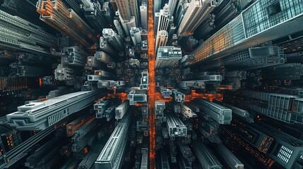 A mesmerizing cityscape presenting a futuristic vertical architecture concept, with layers of urban development extending both above and below the horizon. - obrazy, fototapety, plakaty