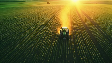 Agricultural scene of a tractor plowing through vast fields, with the warm glow of the sunset casting long shadows on the farmland.