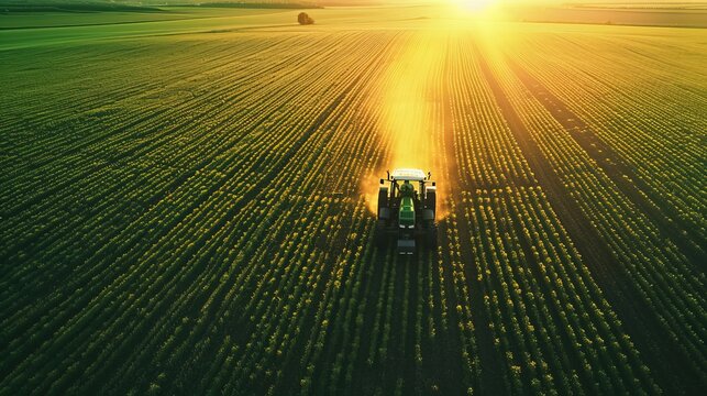 Agricultural scene of a tractor plowing through vast fields, with the warm glow of the sunset casting long shadows on the farmland. - Powered by Adobe