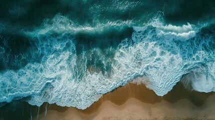 Captured from the sky, the dramatic dance of ocean waves rushing towards the sandy shore creates a mesmerizing pattern of foam and shadow.