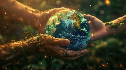 A concept image of hands cradling the Earth with a magical aura in a forest setting, symbolizing environmental care and protection. - obrazy, fototapety, plakaty