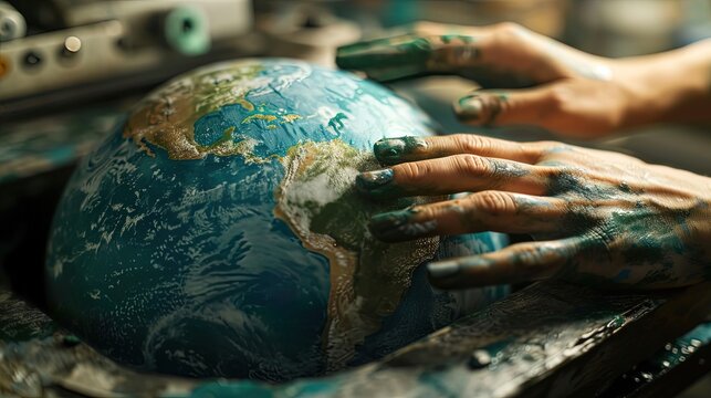 Human hands covered in paint are shown holding a model of Earth, emphasizing creativity and the human touch in world preservation.