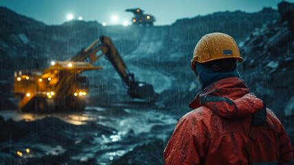 Mining engineers discuss at site with excavator and truck parked in rainy night, industry background.generative ai