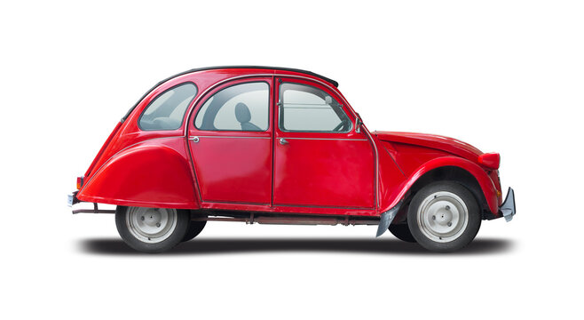 Citroen 2CV classic car side view isolated on white background	