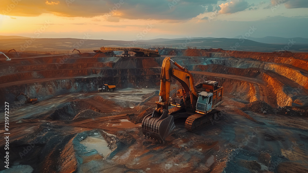 Wall mural wide shot excavator parking on top with mining industry background ,generative ai