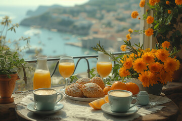 still life, breakfast with a sea panorama, summer 