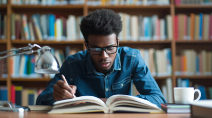 A concentrated young man in glasses is absorbed in reading a book at a desk with a lamp and a cup, with bookshelves filled with books in the background.