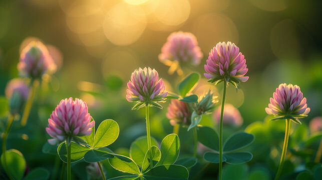 Close-up of clover in sunlight . Spring background.