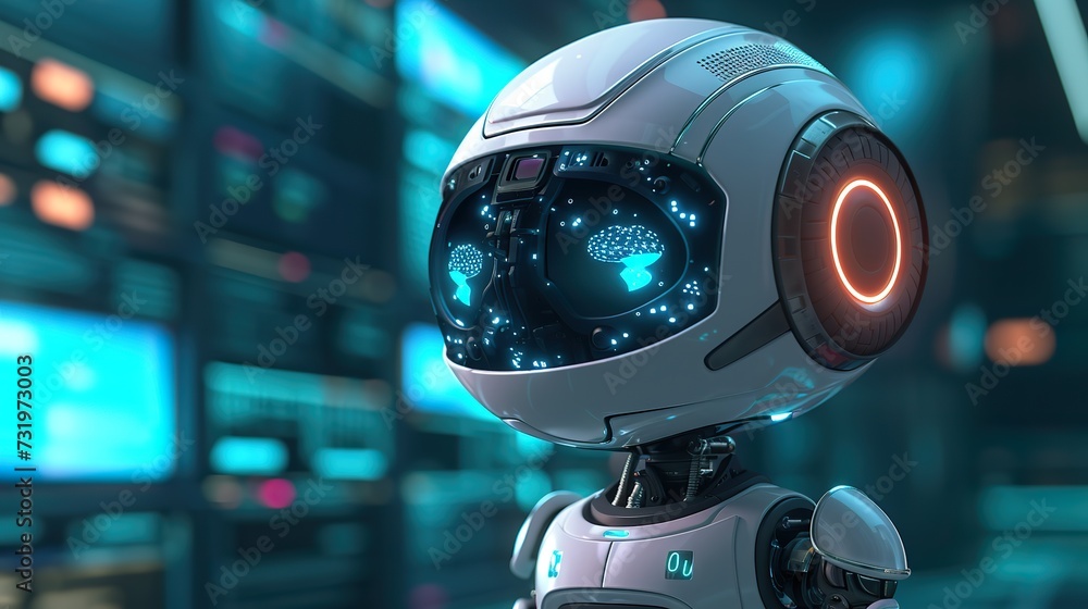 Poster close-up of a robot's head showcasing a glowing digital brain, symbolizing cutting-edge artificial i