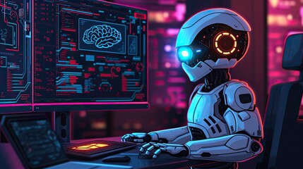 An AI robot engaging with complex data on multiple computer screens in a neon-lit control room.