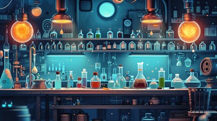 A well-equipped modern laboratory filled with various chemical experiments, flasks, and illuminated by warm ambient lights.
