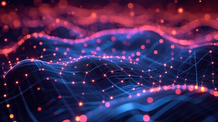 Obraz premium This image features a dynamic digital landscape composed of glowing network data nodes and connecting lines, symbolizing connectivity and data flow.