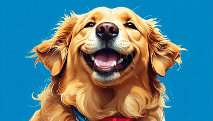 Portrait of a smiling golden retriever on bright blue background