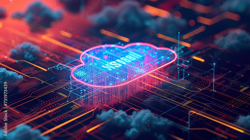 Aufkleber conceptual digital artwork of cloud computing infrastructure with glowing circuits and a neon cloud,