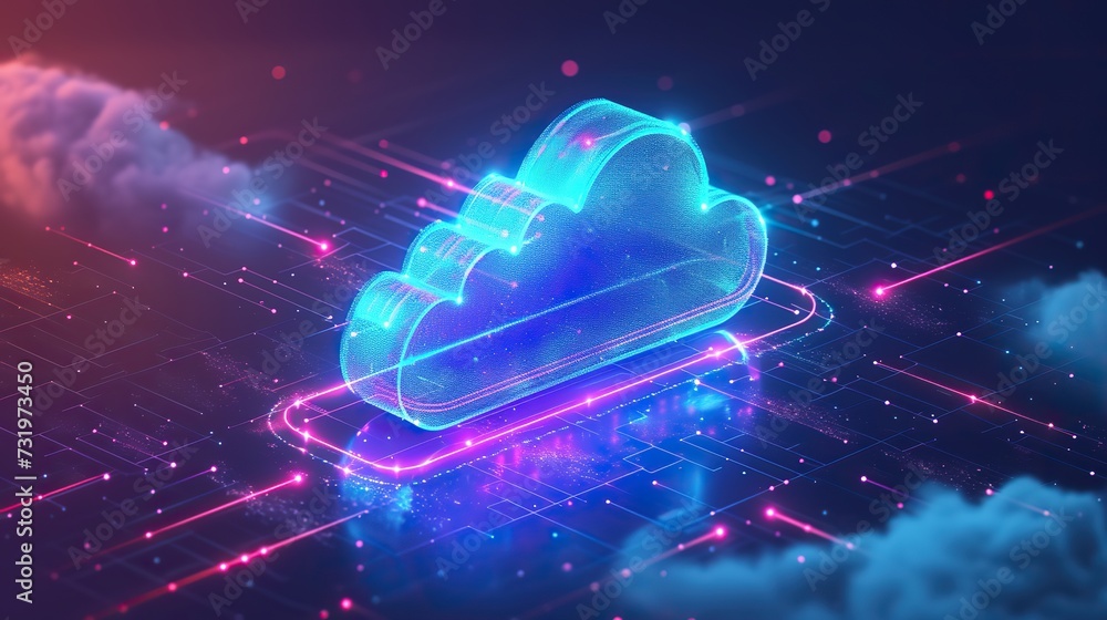 Poster futuristic concept art depicting cloud computing, featuring a neon glowing cloud floating above a ci