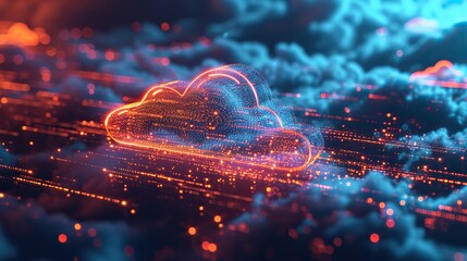 Abstract image showcasing a glowing cloud symbol integrated with a futuristic network circuit, representing cloud computing and data technology. - obrazy, fototapety, plakaty