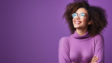 Smiling Curly-Haired Woman in Transparent Glasses on Purple Background. Joyful Expression, Stylish Eyewear, and Positive Vibes - Fashionable Portrait of Happy Young Woman with White Teeth. Copy Space