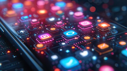 Close-up of a futuristic user interface with glowing interactive icons and buttons, symbolizing advanced digital interaction and technology. - obrazy, fototapety, plakaty