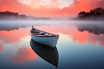 Tranquil wooden boat on lake with reflections at dawn, peaceful and serene nature landscape - obrazy, fototapety, plakaty