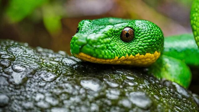Emerald Tree Boa Closeup Rain Droplet From Jungle Landing On Snake