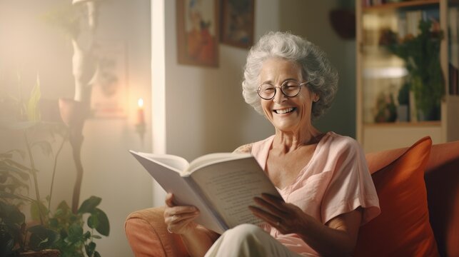 Senior Woman Enjoying Book on Couch - Caucasian Elderly Lady Smiling at Home - Mental Wellness, Leisure, Lifelong Learning - Positive Aging and Reading Hobby Concept.