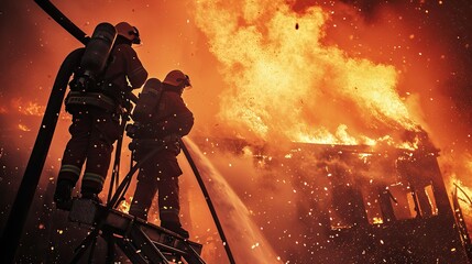 Fototapeta premium Firefighters extinguish a fire with a hose in a burning building