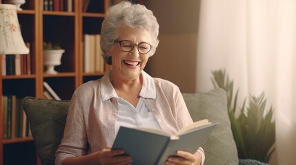 Fototapeta na wymiar Elderly Woman Enjoying Book on Couch - Caucasian Senior Smiling at Home - Mental Wellness, Hobby, Leisure, Lifelong Learning - Positive Aging and Reading Concept.