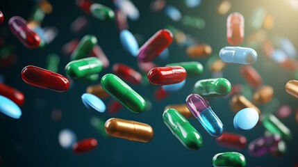 Vibrant concept of pharmacy and medicine with flying antidepressant pills and vitamin capsules