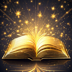 Open magic book with rays of light on dark background. Online education