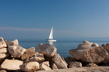 Sailing boat on Adriatic Sea, seen from Piran coast, Slovenia - 731973683