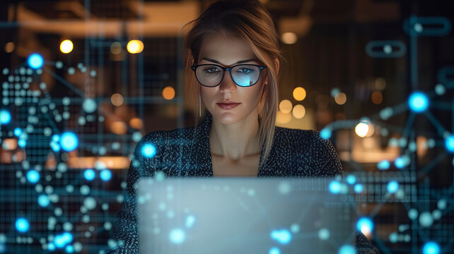 A beautiful short-haired project manager working on a computer in the office Augmented Reality social media icons appear on employees' laptops ,generative ai