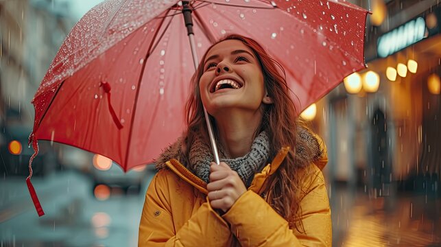 Portrait of a happy young woman in a raincoat with an umbrella on a rainy day