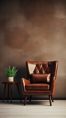An opulent image featuring a luxury vintage brown leather armchair positioned against a beige blank wall in the interior space of a large empty room. 