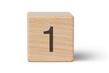 A single wooden block prominently displays a black number one, isolated cutout from background.