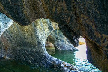 Close up of blue walls of the marble caves or Cuevas de Marmol at General Cerrerra Lake. Location Puerto Sanchez, Chile