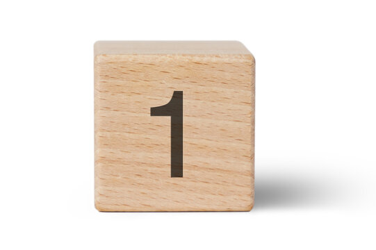A single wooden block prominently displays a black number one, isolated cutout from background.