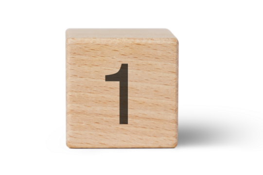 A single wooden block prominently displays a black number one, isolated cutout from background.