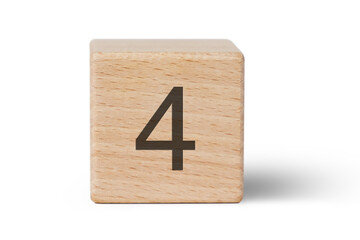 A single wooden block prominently displays a black number four, isolated cutout from background.