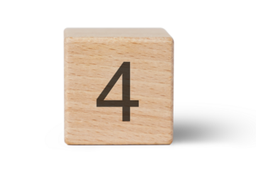 A single wooden block prominently displays a black number four, isolated cutout from background.