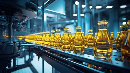 Naklejka premium Modern manufacturing line for bottles created with Generative AI