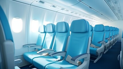 Empty luxurious business class passenger seats in the interior cabin of a commercial aircraft