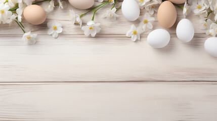 Easter background featuring eggs and spring flowers,  top view.