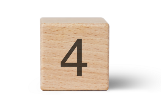 A single wooden block prominently displays a black number four, isolated cutout from background.