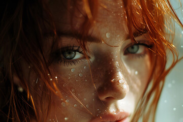 portrait of a beautiful redhead young woman with freckles, green eyes and rain drops at her pretty face. Autumn season. Awesome people